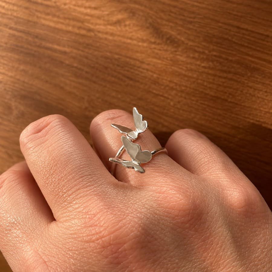 Anillo Dos Mariposas Plata 925, anillo ajustable, Milagro Rousse