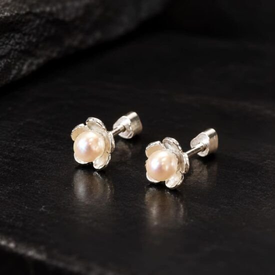 Pendientes de Perla para Niña de Plata 925, Pendientes flor y perla, Milagro Rousse